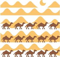 Fifteen brown camels in three rows in the desert with sand dunes and a moon in a minimalist style vector