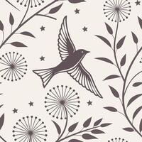 A bird flying between dandelions and branches with leaves, with some stars in the background vector