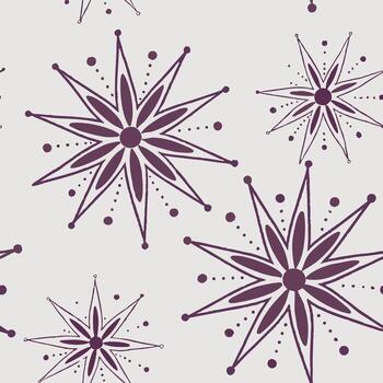 sin costura modelo de estilizado ocho puntiagudo estrellas con puntos en un simétrico acuerdo, en un ligero gris antecedentes vector