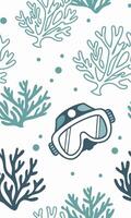 Seamless pattern with diving mask and corals on a white background, marine life, underwater world vector