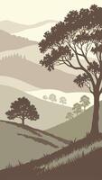 A landscape with rolling hills and trees in the foreground, with a muted color palette of browns, greens, and creams, with a foggy background vector