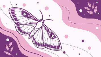 A purple moth with intricate wing patterns, surrounded by abstract shapes and dots in shades of pink and purple, on a white background vector