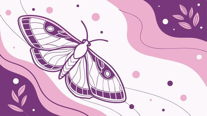 A purple moth with intricate wing patterns, surrounded by abstract shapes and dots in shades of pink and purple, on a white background