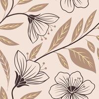 Seamless pattern of flowers and leaves in brown and beige tones, with a light pink background vector