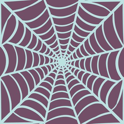 A spider web with a square background, the web is light blue and the background is purple, the web is centered