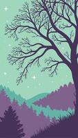 Silhouette of a leafless tree with bare branches against a light green sky filled with stars, a forest of pine trees in the background vector
