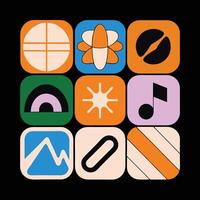 Grid of flat app icons, colorful squares with simple symbols, clean and modern style vector