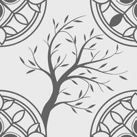A gray tree with thin branches and small leaves, surrounded by four circular patterns vector