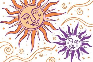 Two suns with faces, one orange and one purple, with stars and moons on a white background vector