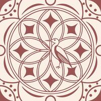 A bird in the center of a geometric pattern with circles and diamonds, symmetrical design vector