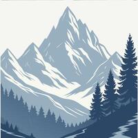 A majestic mountain range with snow-capped peaks, surrounded by a dense forest of evergreen trees vector