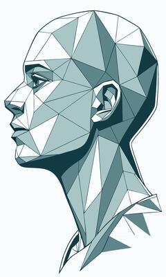 Geometric low poly of a white skinned woman, short hair, side view, with a white background