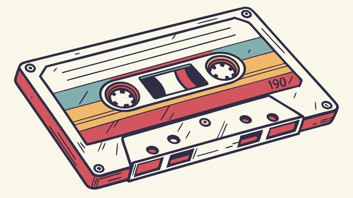 Retro tape cassette pattern in , colorful 80s aesthetic with grunge accents