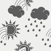 Minimalist weather icons pattern, sun, clouds, rain in monochrome on soft gray vector