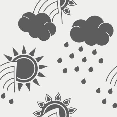 Minimalist weather icons pattern, sun, clouds, rain in monochrome on soft gray