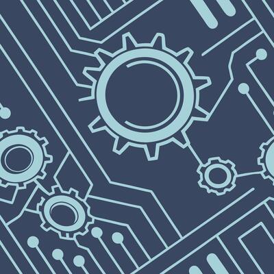 High-tech circuit board background, electric blue and steel gray palette, geometric components and glowing lines