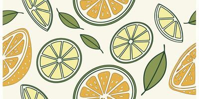 Seamless pattern of lemon and orange slices with green leaves on a white background vector