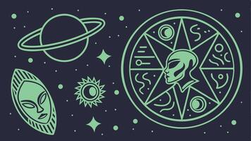 Alien glyph abstract symbols in , neon green icons on deep space background vector
