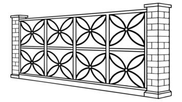 A black and white fence with a geometric pattern of circles and squares, the background is plain white vector