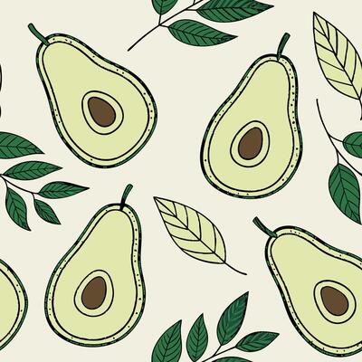 Repeating avocado icon pattern in flat design, bright green and brown on light cream background