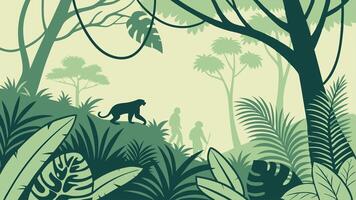 Two people walking in the jungle with a panther, surrounded by tropical vegetation vector
