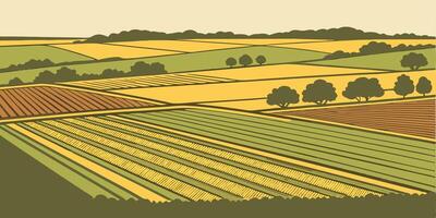 Aerial view of a countryside landscape with fields of crops in different colors, trees scattered around, and a forest in the background vector
