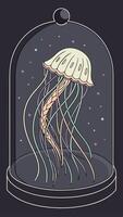 A jellyfish with long tentacles inside a glass dome, the background is dark with colorful dots, cartoon style vector