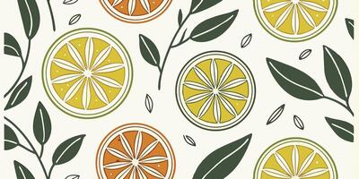 Seamless pattern of lemon, lime and orange slices with leaves on a white background vector