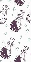 Seamless pattern of potion bottles with corks and stars, the bottles are filled with purple liquid, on a white background vector