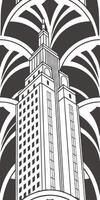 A black and white art deco skyscraper with a geometric pattern in the background vector