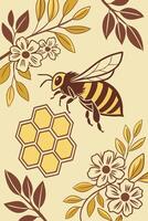 A bee with black and yellow stripes flying near a honeycomb and flowers with leaves on a light yellow background vector