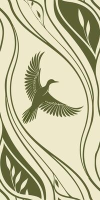 A flying duck with open wings, surrounded by curved lines, in a beige background