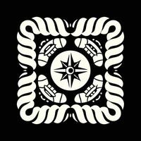 A compass rose surrounded by four stylized spaceships inside a square frame made of twisted rope, on a black background vector