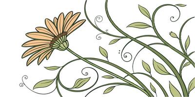 A flower with orange petals and a green stem, surrounded by vines and leaves, isolated on a white background vector