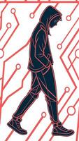 A black man, with short black hair, wearing a jacket and Walking in a white background with red lines Red circuit vector