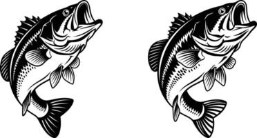 Two leaping bass fish monochrome illustration for fishing logo design vector