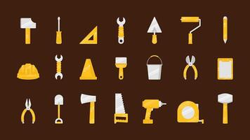 Tools icon flat illustration set. Tools illustration collection with yellow and white color on brown background vector