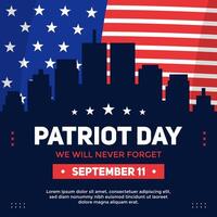Patriot Day greeting template on silhouette of a city with twin tower and American flag behind it. Patriot Day celebrates on September 11 vector