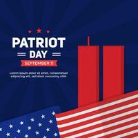 Patriot Day social media post. Patriot Day greeting square background with red twin tower and American flag on dark blue vector