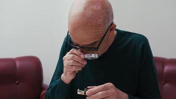 Old Man Examining a Chip Composition with a Magnifying Glass video