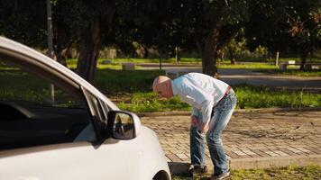 Man Kneels Down to Check the Condition of His Car video