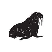 Black silhouette of a walrus with tusks and whiskers isolated on white background silhouette vector