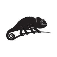 Black silhouette of a chameleon perched on a branch isolated on white background silhouette vector
