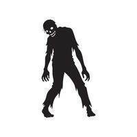 Creepy zombie silhouette with tattered clothes and glowing eyes isolated on white background silhouette vector