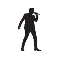 Man in suit singing into microphone silhouette isolated on white background vector