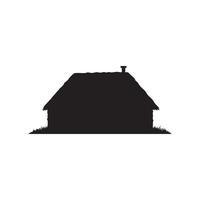 Rustic Cabin Silhouette with Thatched Roof and Chimney on White Background vector