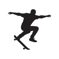Skateboarder performing a trick in mid air silhouette isolated on white background vector