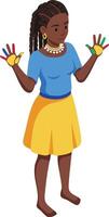 Child with colorful painted hands wearing blue top and yellow skirt in playful pose illustration vector