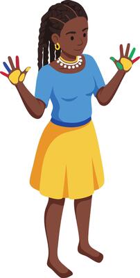 Child with colorful painted hands wearing blue top and yellow skirt in playful pose illustration