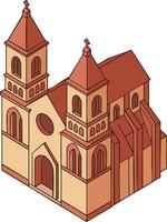 Gothic style church building with two towers and red roof architectural design in isometric view vector